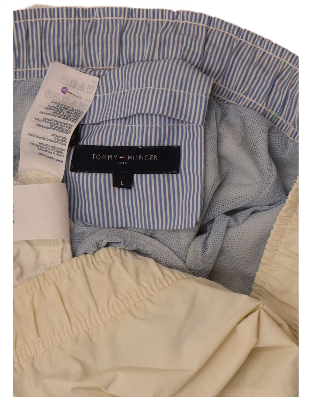 Pantaloncini da bagno da uomo Tommy Hilfiger grandi in poliestere color block bianco sporco