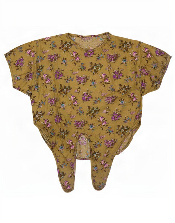 T-shirt vintage da donna Top UK 16 grande cotone floreale kaki