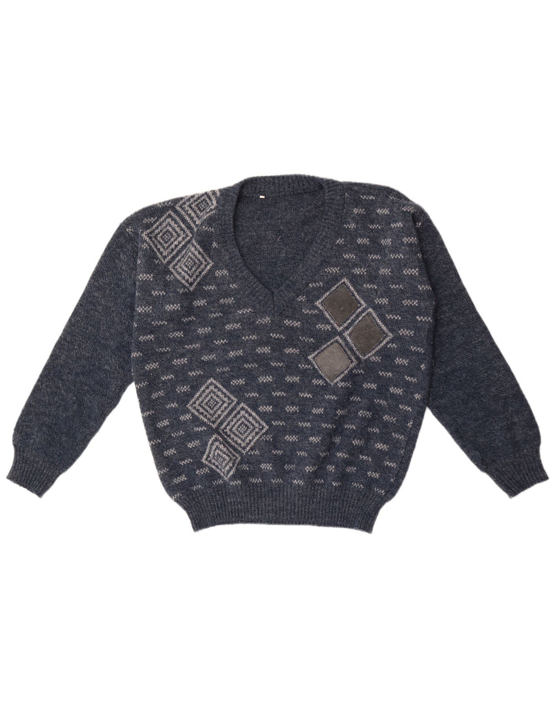 Maglione vintage da uomo con scollo a V medio blu navy geometrico