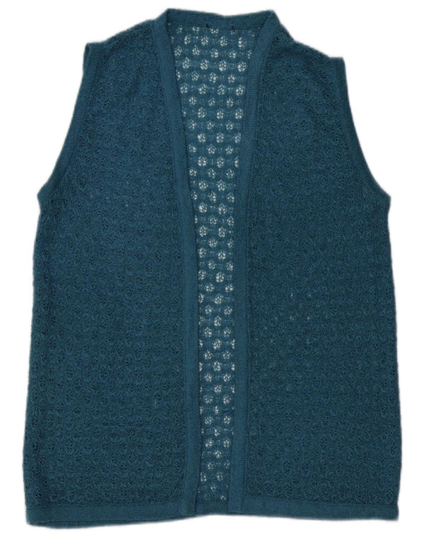 VINTAGE Womens Sleeveless Crochet Cardigan Sweater UK 14 Medium Blue