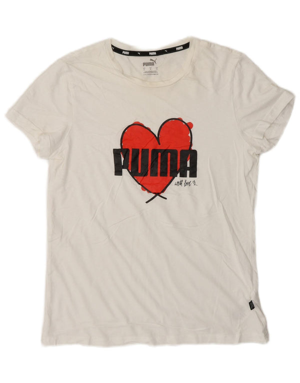 T-shirt grafica da donna Puma UK 10 piccola in cotone bianco