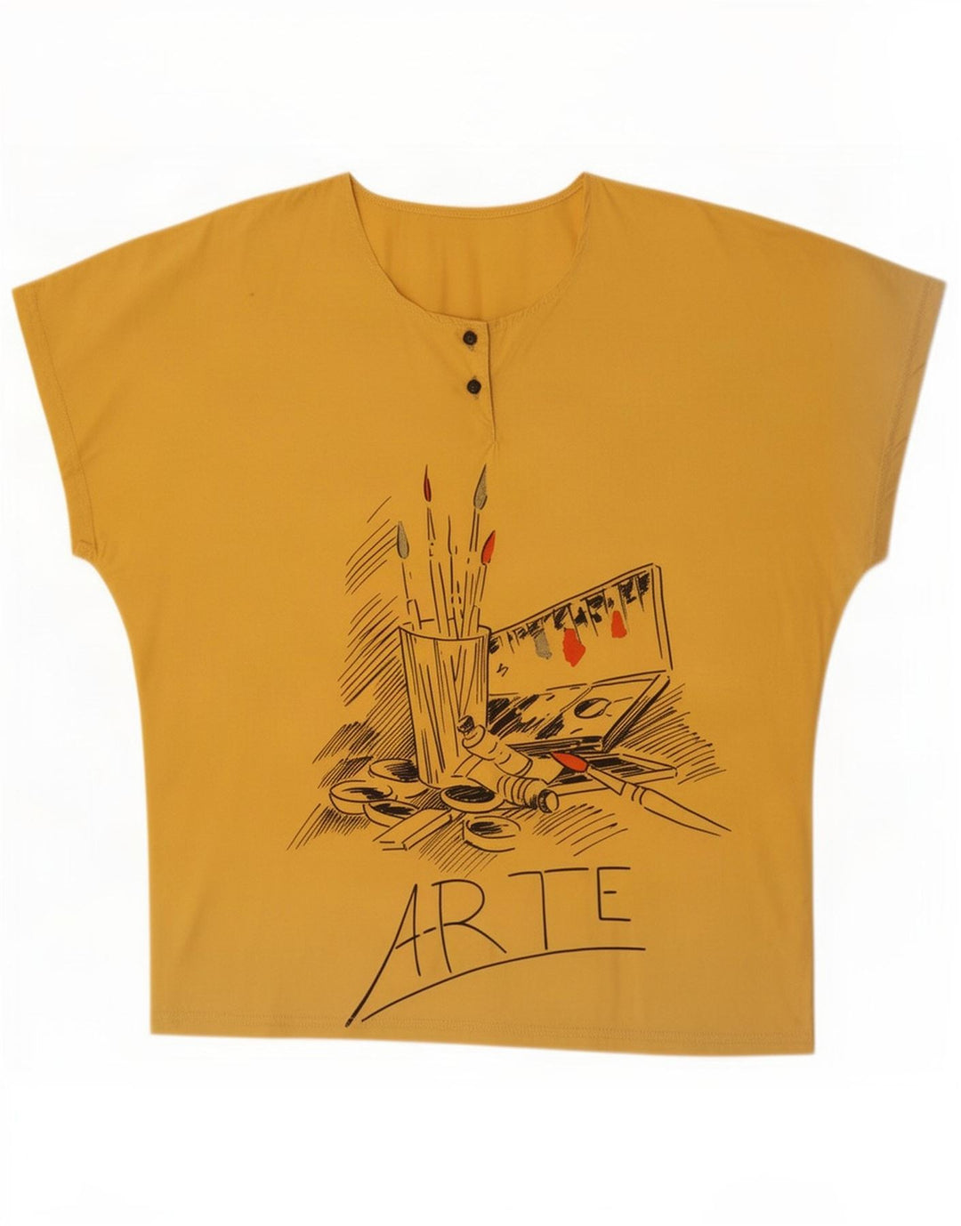 Top camicetta grafica da donna vintage UK 14 cotone giallo medio