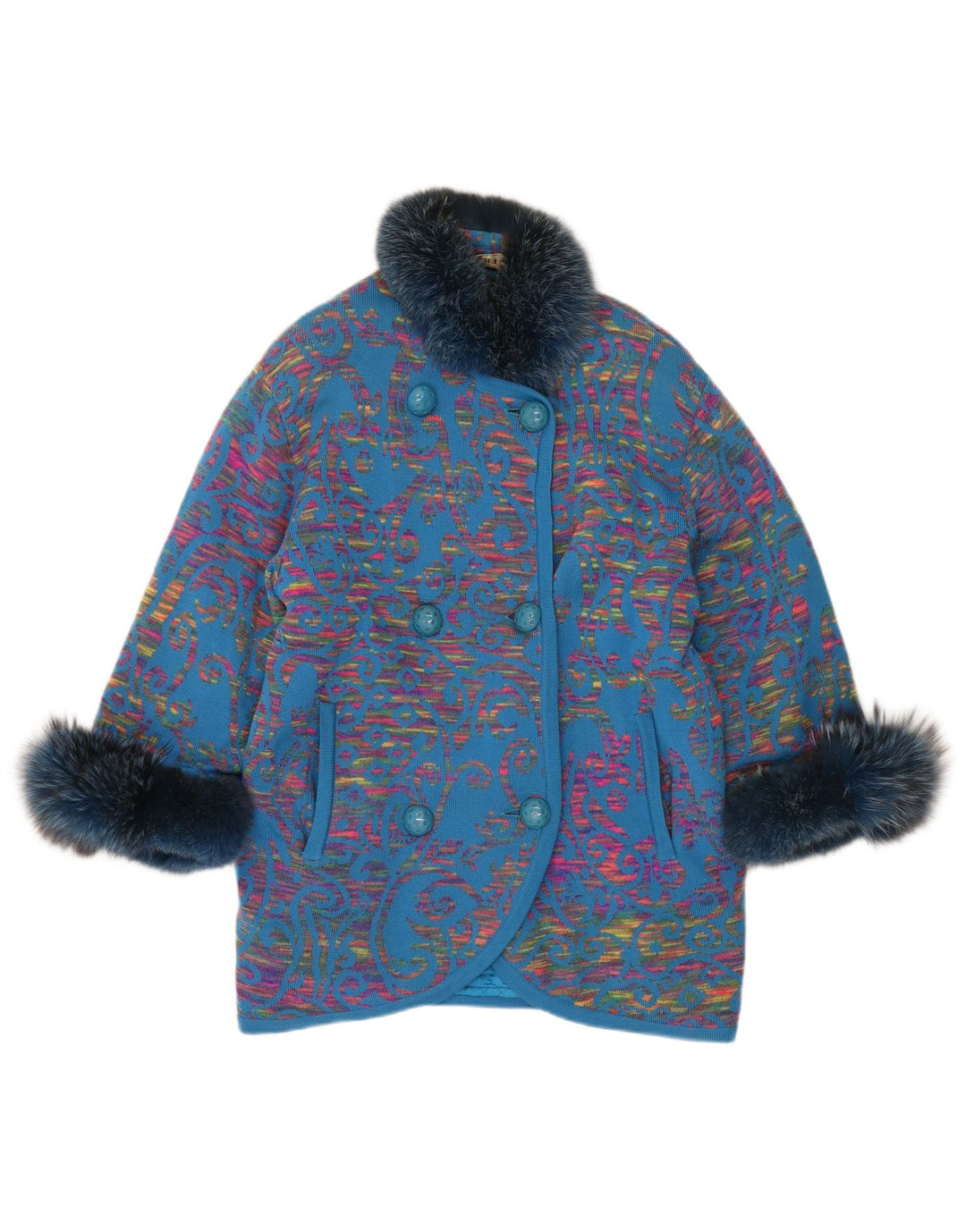 STIZZOLI Cappotto doppiopetto lavorato a maglia da donna UK 20 2XL Blu Paisley