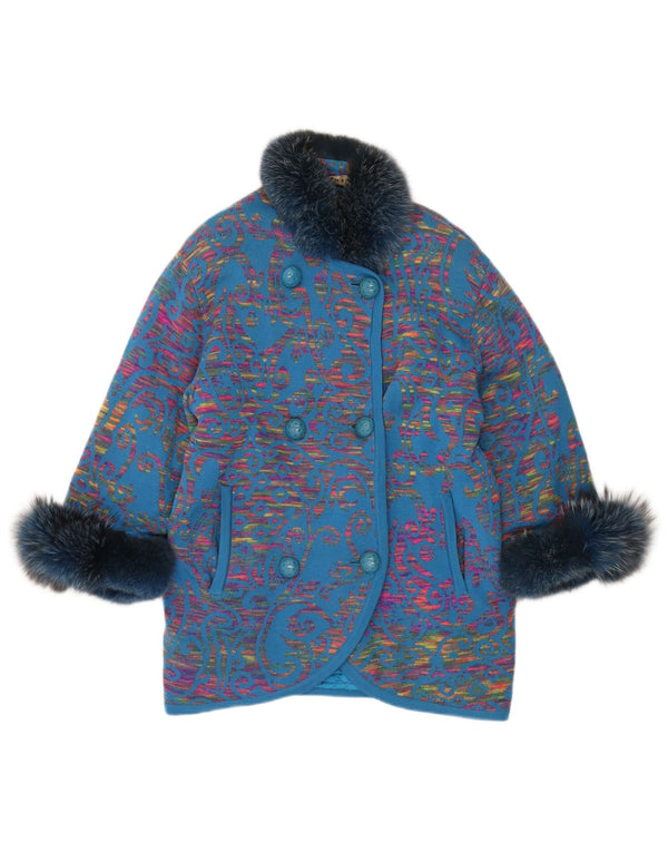 STIZZOLI Cappotto doppiopetto lavorato a maglia da donna UK 20 2XL Blu Paisley