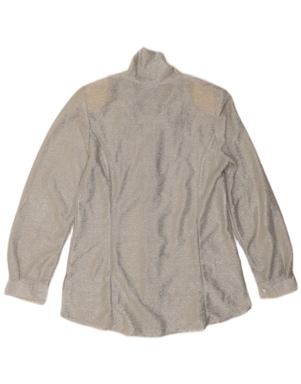 Camicetta vintage da donna con cravatta sul davanti UK 12 medio argento chiazzato