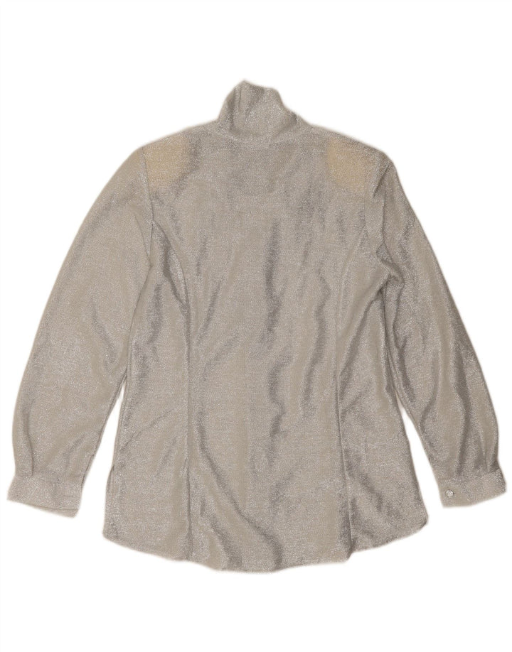 Camicetta vintage da donna con cravatta sul davanti UK 12 medio argento chiazzato