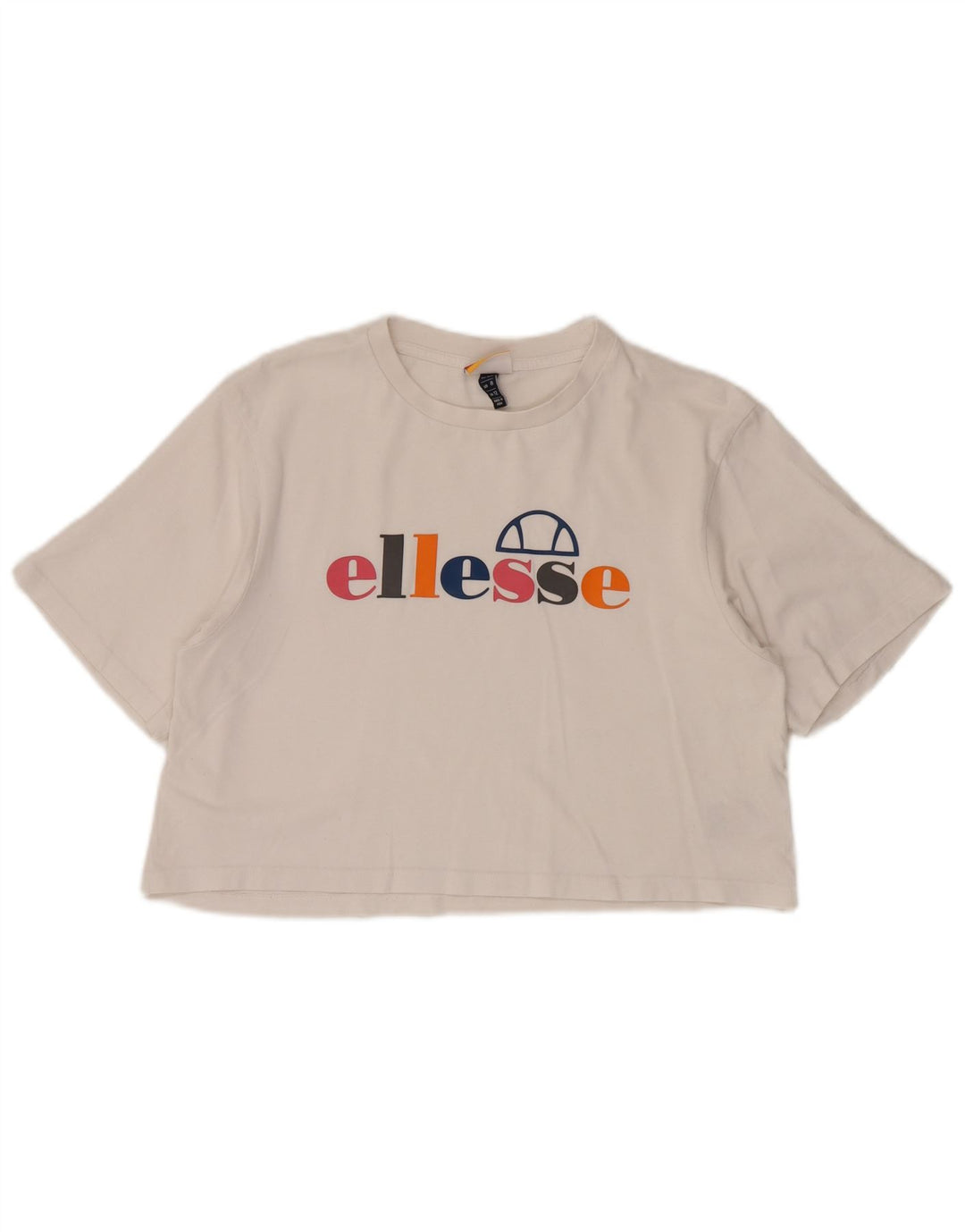 ELLESSE T-shirt grafica da donna corta Top UK 12 Cotone bianco medio