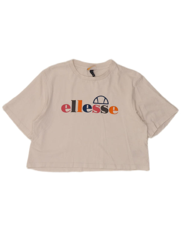 ELLESSE T-shirt grafica da donna corta Top UK 12 Cotone bianco medio