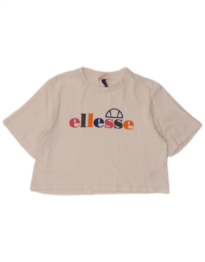 ELLESSE T-shirt grafica da donna corta Top UK 12 Cotone bianco medio