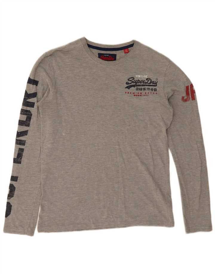 Top grafico da uomo Superdry a maniche lunghe in cotone chiazzato grigio medio