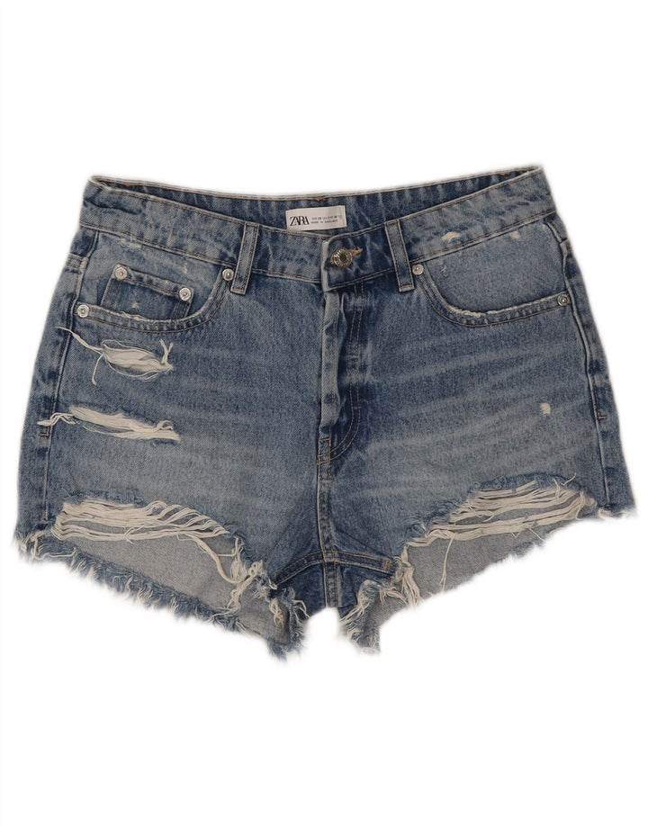 Pantaloncini in denim invecchiato da donna Zara EU 38 piccoli W28 cotone blu