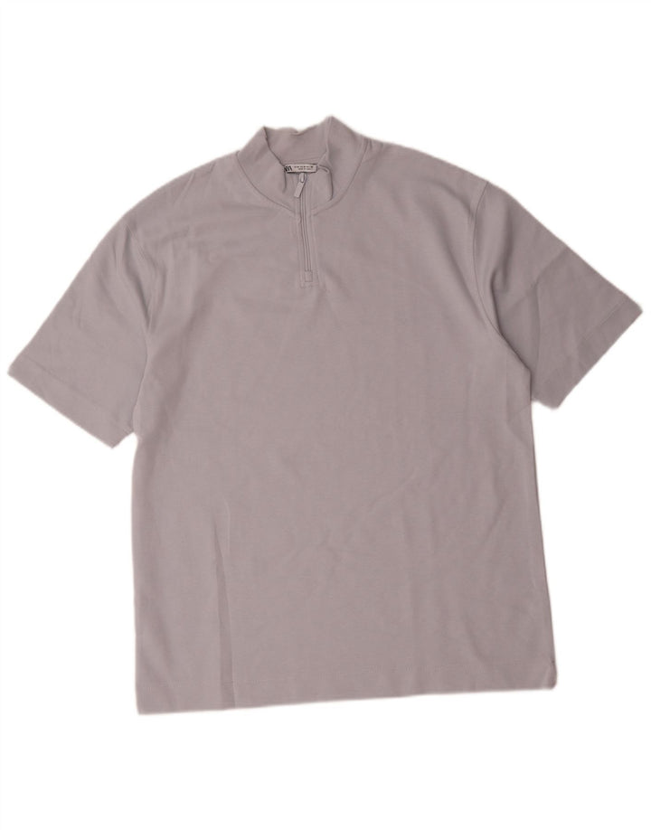 T-shirt Zara da uomo con zip e collo in cotone blu medio