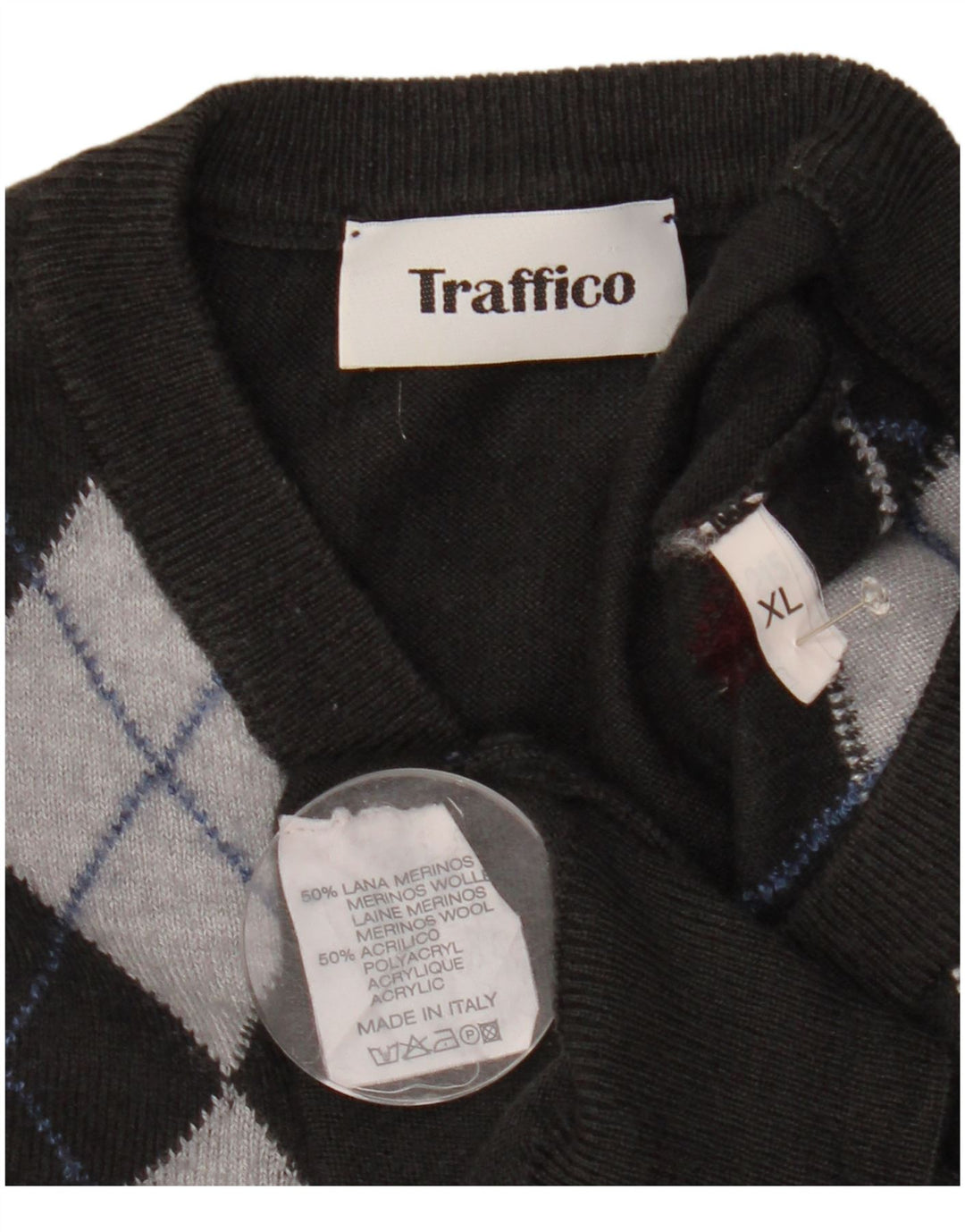 Maglione vintage da uomo con scollo a V XL grigio a rombi/lana diamante