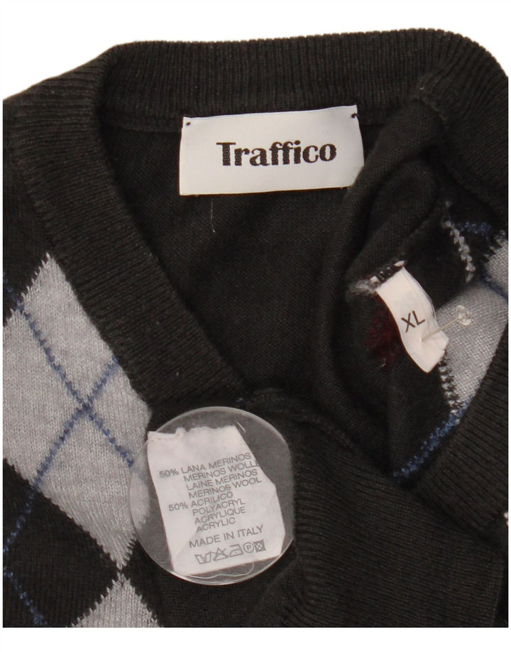 Maglione vintage da uomo con scollo a V XL grigio a rombi/lana diamante