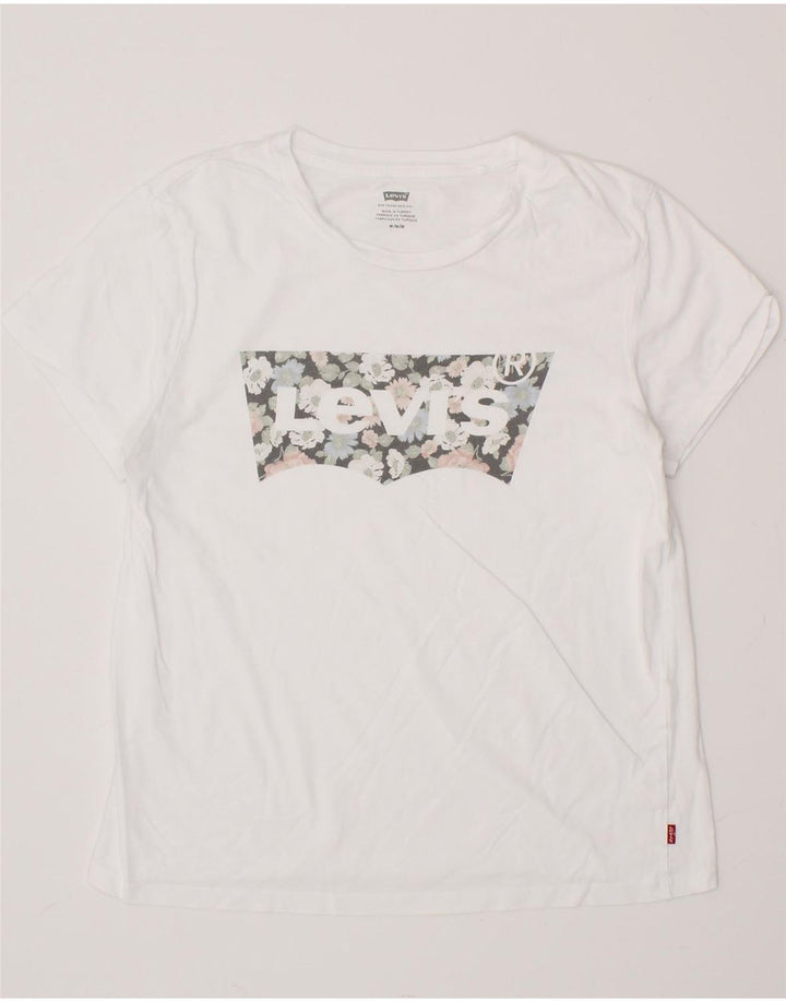 LEVI'S Womens Graphic T-Shirt Top UK 14 Medium White Floral Vintage Levi's and Second-Hand Levi's from Messina Hembry 
