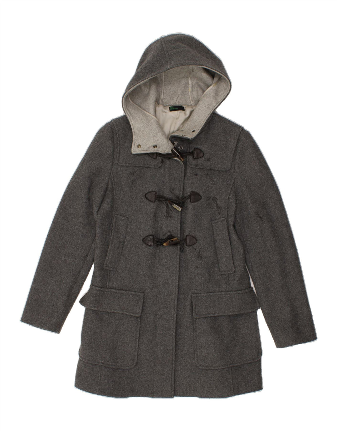 BENETTON Womens Hooded Duffle Coat IT 42 Medium Grey Wool Vintage Benetton and Second-Hand Benetton from Messina Hembry 