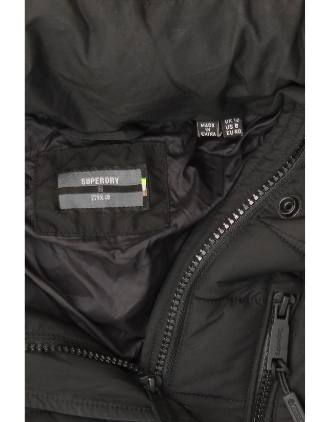 Giacca imbottita con cappuccio da donna Superdry UK 12 medio nero poliestere