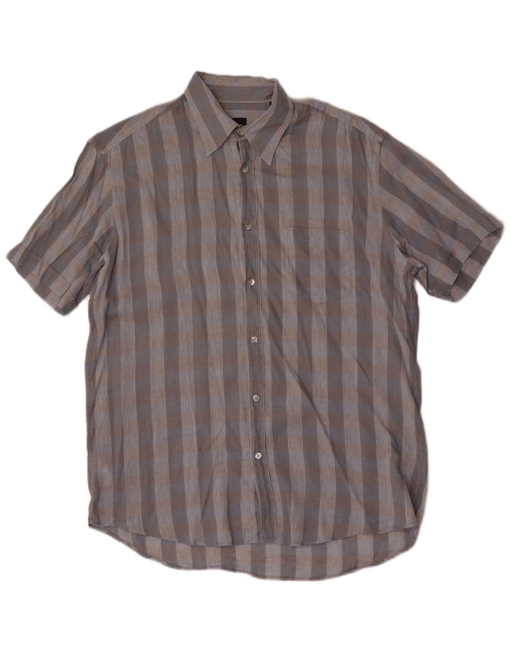 Camicia a maniche corte da uomo Hugo Boss, lino a quadri grigi grandi