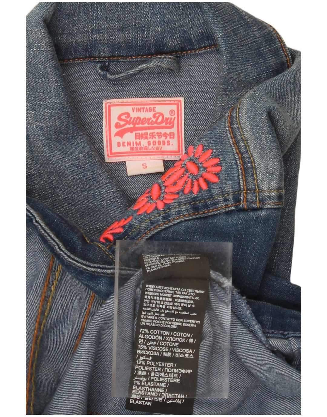 SUPERDRY Womens Crop Denim Jacket UK 8 Small Blue Floral Cotton