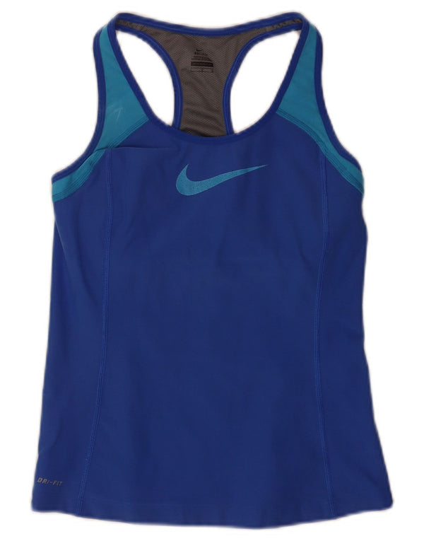 Nike Donna Dri Fit Crop Graphic Canotta Top UK 14 Large Blu Sport