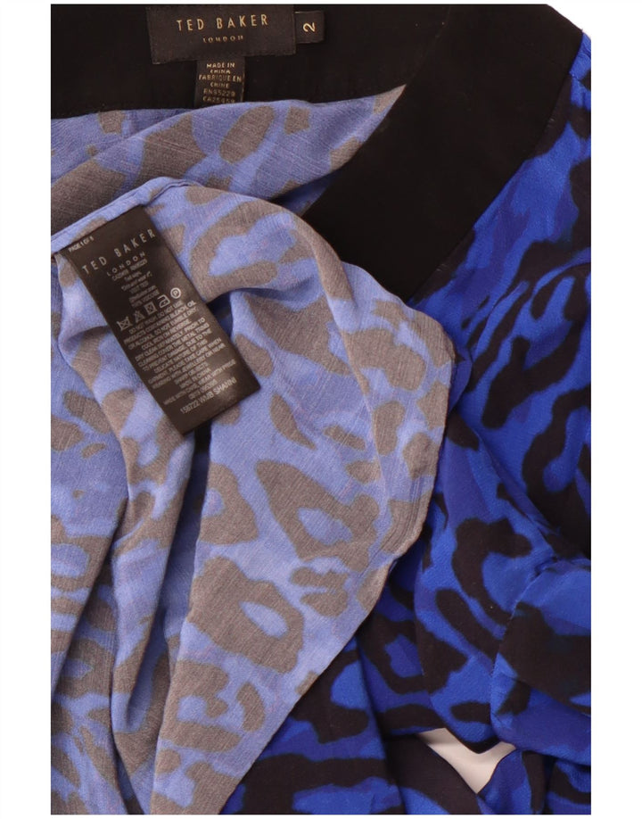 TED BAKER Camicetta a maniche lunghe da donna taglia 2 piccola stampa animalier blu