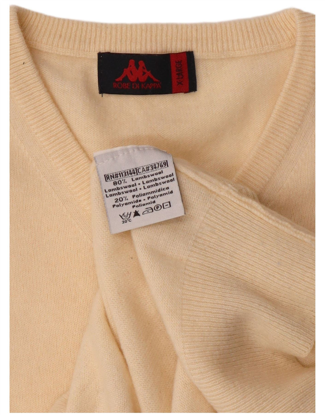 Maglione Kappa da uomo con scollo a V XL in lana d'agnello bianco sporco