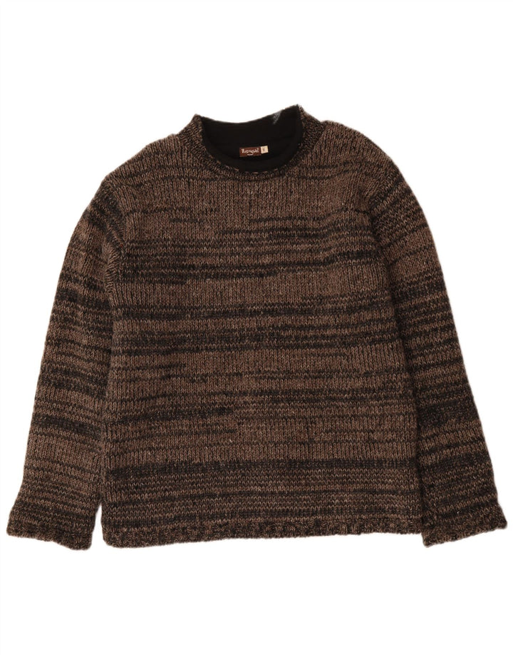 VINTAGE Mens Turtle Neck Jumper Sweater Medium Brown Striped Wool