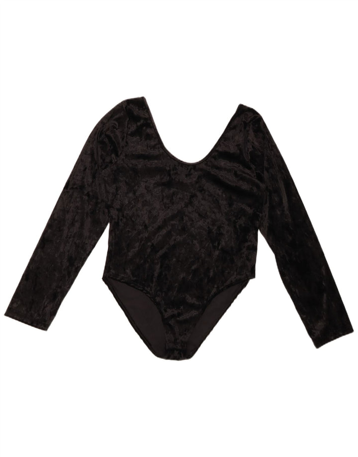 Body a maniche lunghe in velluto da donna VINTAGE UK 10 piccolo poliestere nero