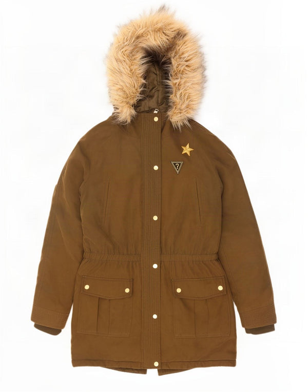 Guess Womens Hooded Oversized Parka Jacket UK 6 XS Khaki Polyester
