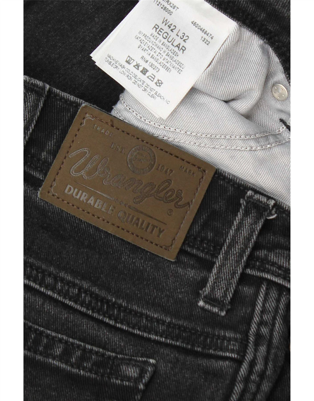 Jeans dritti regolari da uomo Wrangler W42 L32 cotone grigio