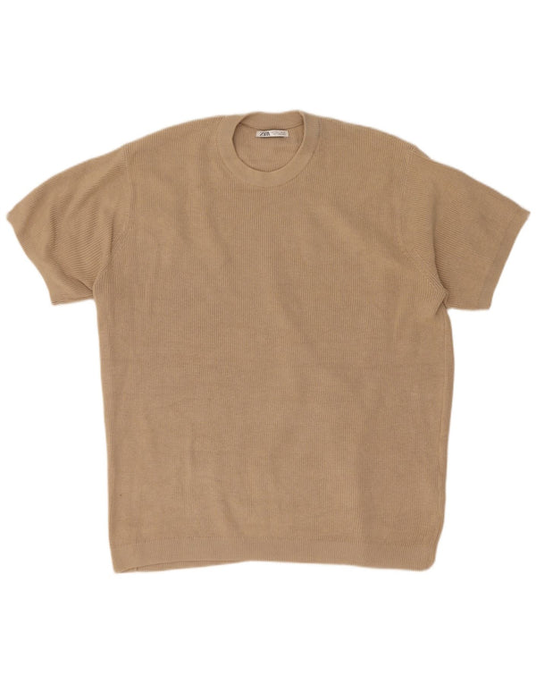 Maglione Zara da uomo girocollo a maniche corte, grande, in cotone beige
