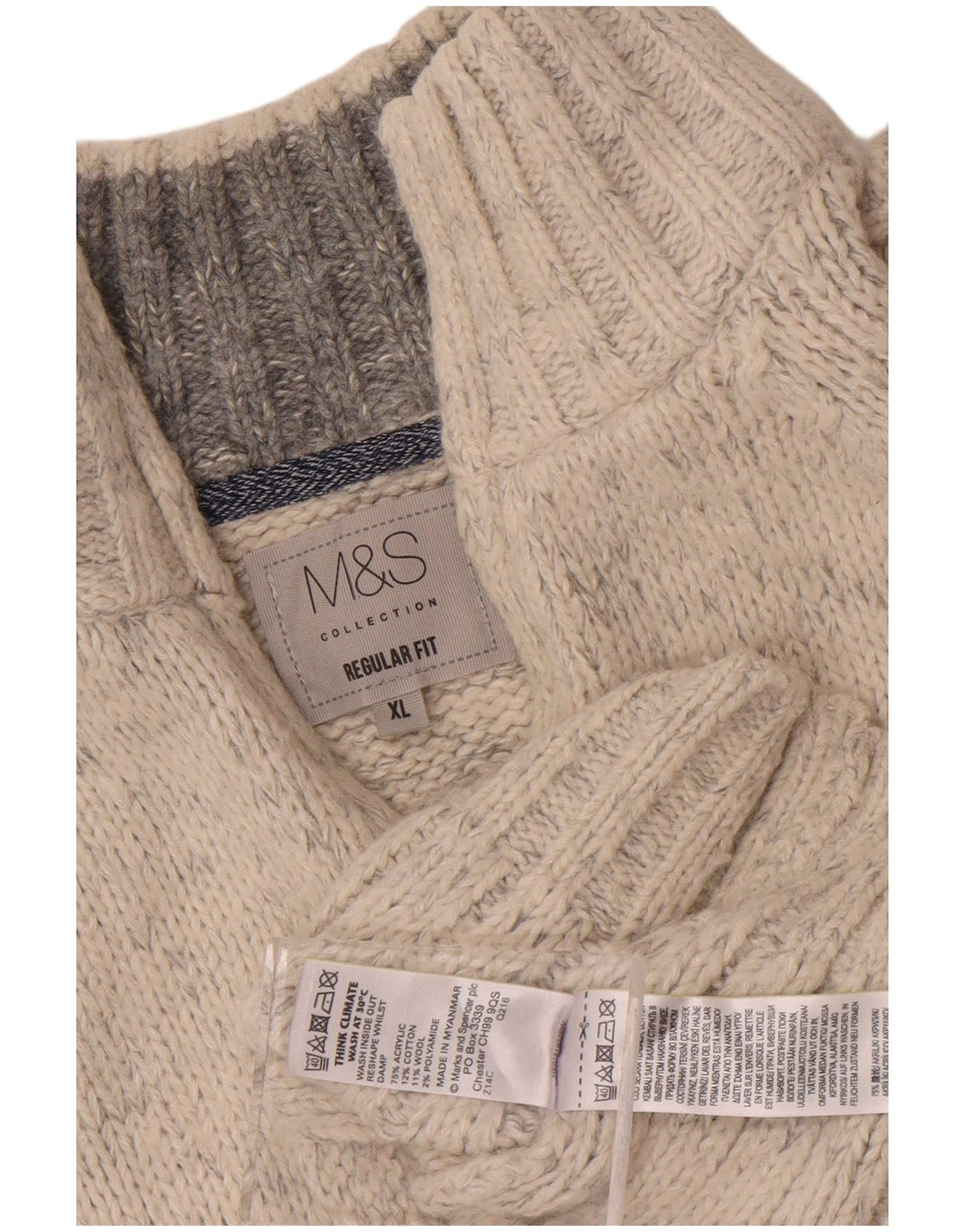 Maglione da uomo Marks & Spencer vestibilità regolare con zip e collo XL beige screziato