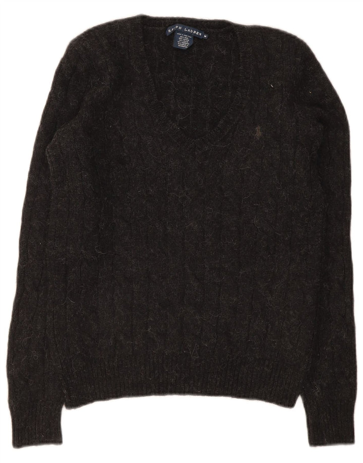 Maglione maglione con scollo a V da donna Ralph Lauren UK 12 Lana grigio medio