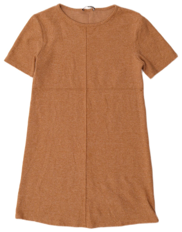 Abito a trapezio a maniche corte da donna Zara UK 12 Cotone beige medio