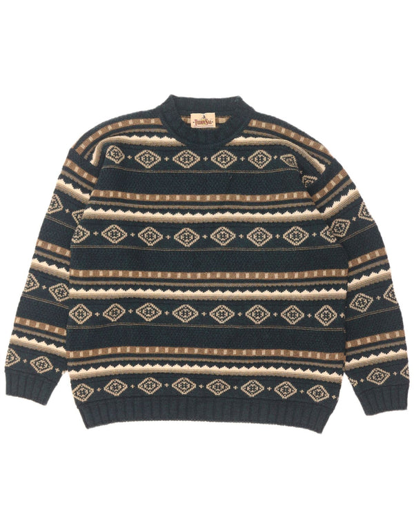 Maglione girocollo da uomo vintage in lana d'agnello geometrica verde XL