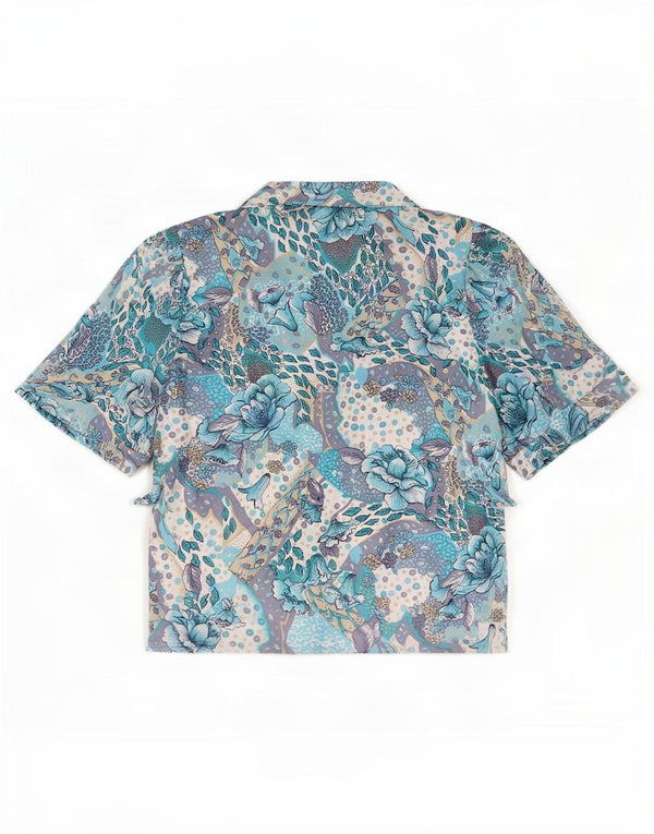Camicetta camicia a maniche corte da donna vintage UK 16 Grande poliestere floreale blu