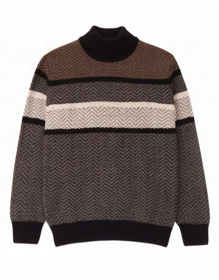 Maglione vintage da uomo con collo alto e maglione grande in lana Chevron grigia