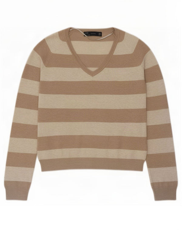 Maglione Zara da donna con scollo a V UK 14 cotone a righe grandi beige