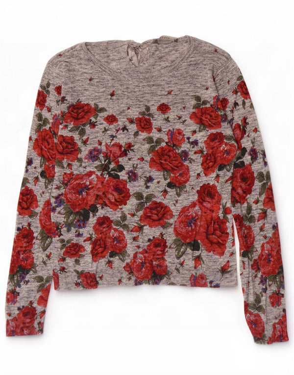 Maglione maglione con scollo a barca da donna Oasis UK 10 piccolo cotone floreale grigio