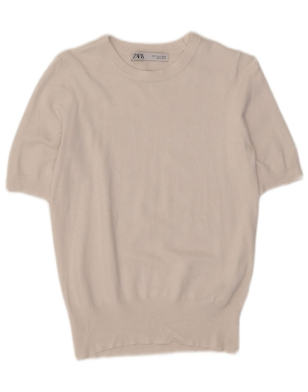 Maglione Zara da donna a maniche corte con scollo a barca UK 10 piccolo in viscosa bianca