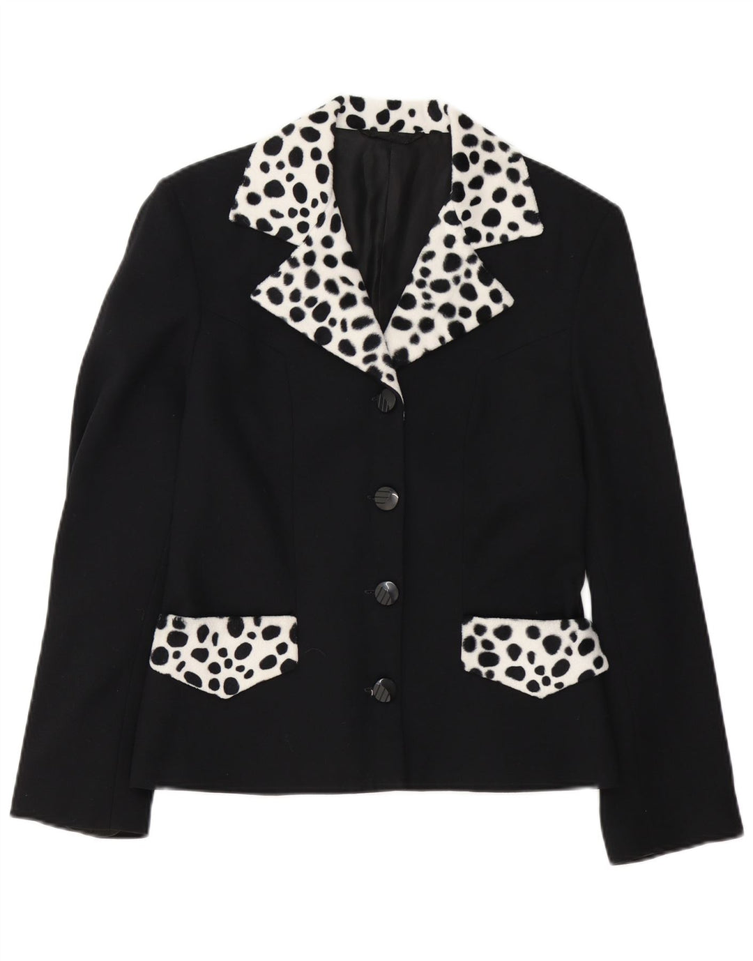 Giacca blazer vintage da donna a 4 bottoni UK 14 stampa animalier nera media
