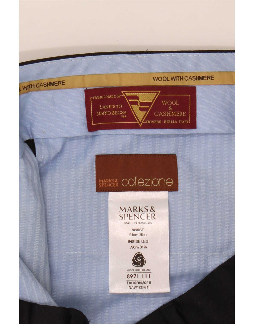 Pantaloni da abito dritti da uomo Marks & Spencer W36 L31 lana blu navy