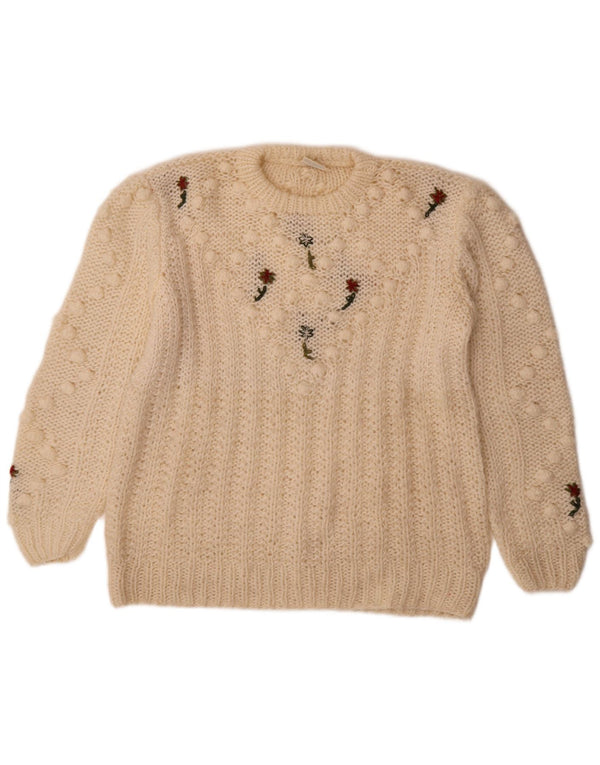 Maglione maglione girocollo da donna vintage UK 14 medio bianco sporco floreale
