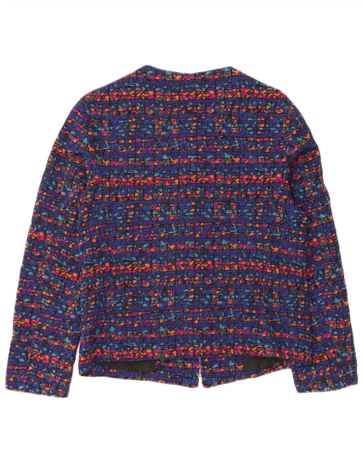Giacca blazer vintage da donna con zip intera UK 8 piccola blu geometrica