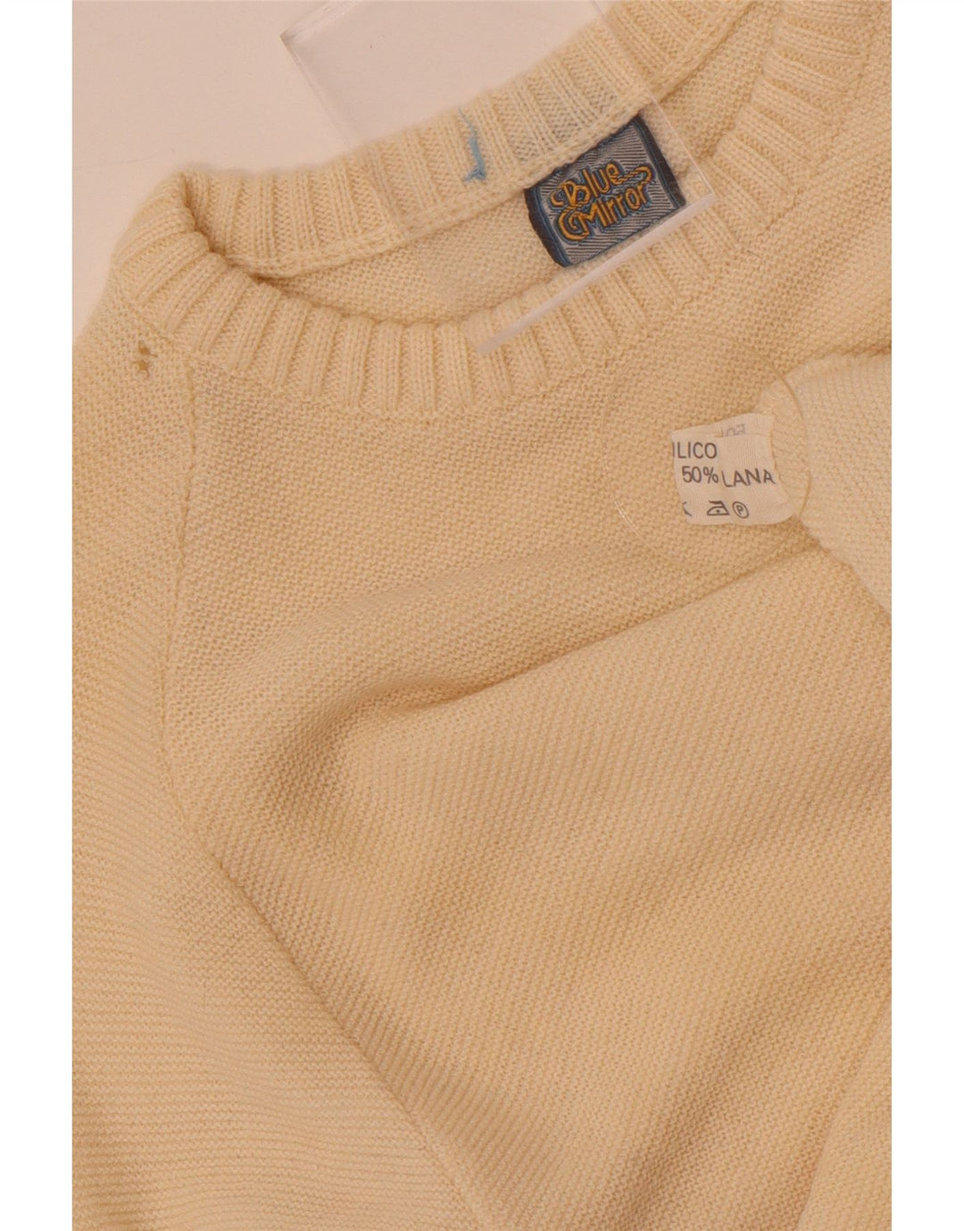 Maglione maglione girocollo da uomo vintage piccolo in lana color block bianco sporco