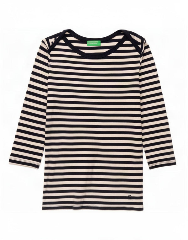 Top da donna Benetton manica 3/4 UK 12 cotone a righe blu navy medio