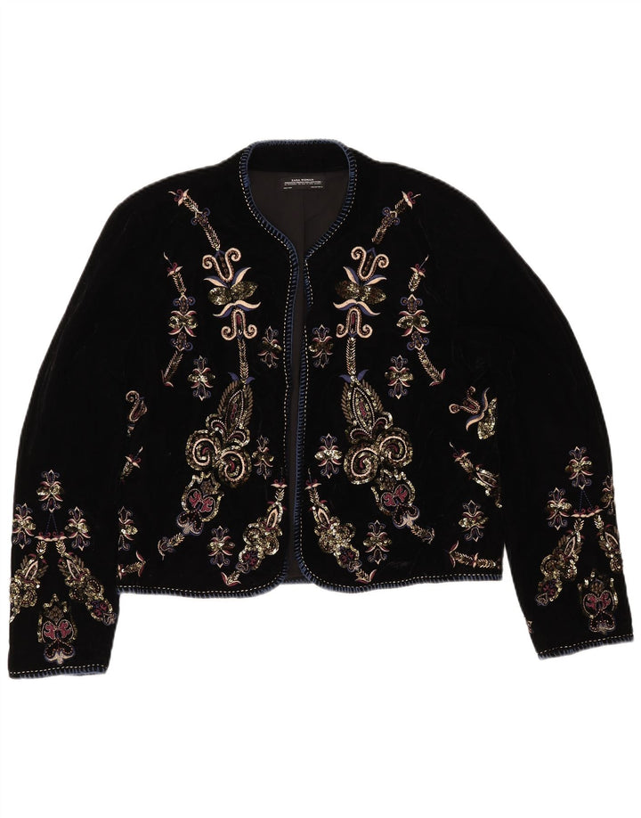 ZARA Giacca Bolero Aperto da Donna in Velluto UK 16 Grande Paisley Nero