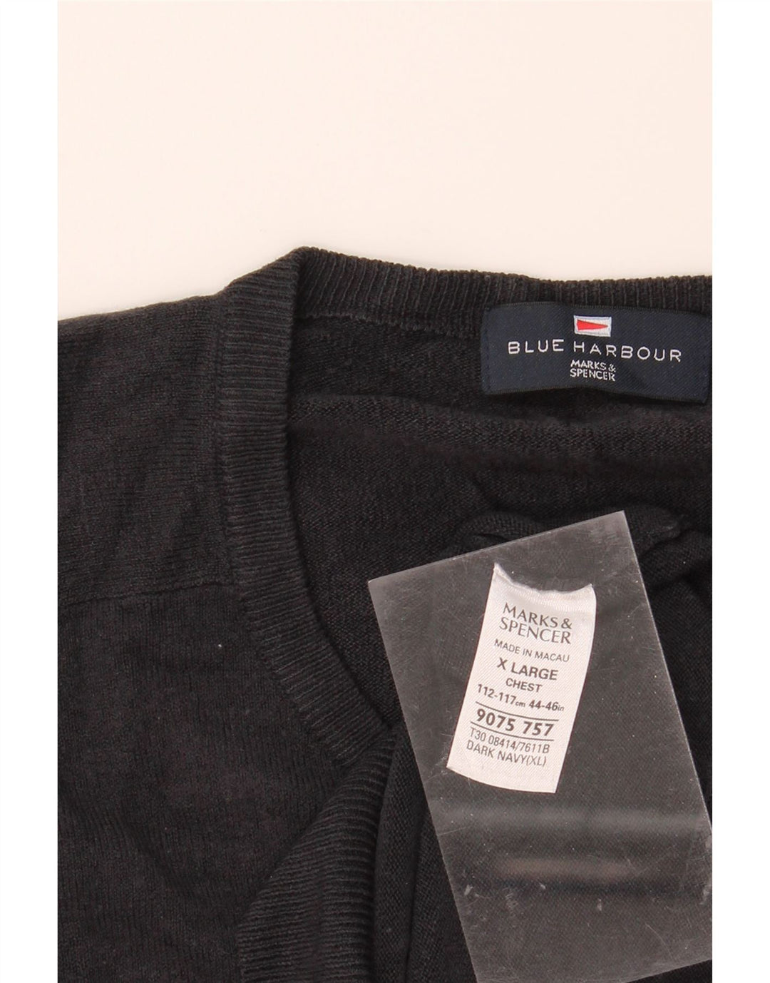MARKS & SPENCER Mens V-Neck Jumper Sweater XL Navy Blue Acrylic Vintage Marks & Spencer and Second-Hand Marks & Spencer from Messina Hembry 