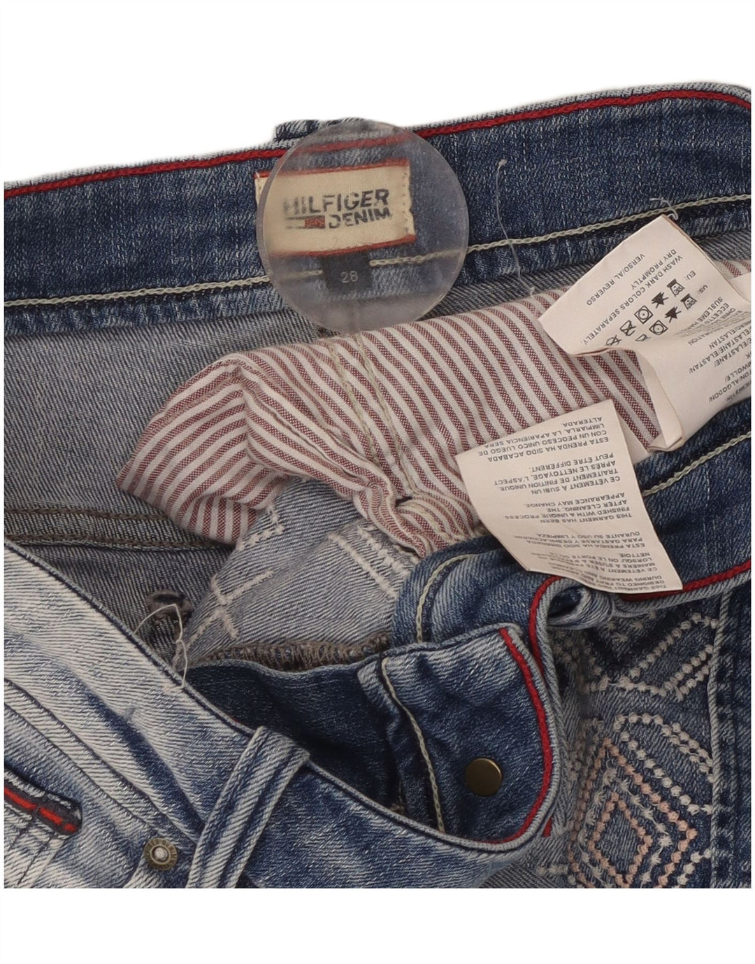 Pantaloni caldi denim da donna Tommy Hilfiger W28 cotone geometrico blu medio