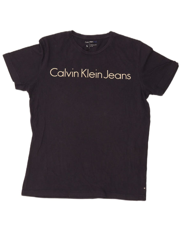 Calvin Klein Jeans T-shirt grafica da uomo Top Large Blu Navy